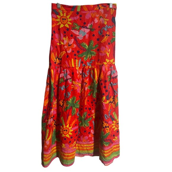 Maison d'Amelie Tiered Maxi Skirt Red Multicolor Tropical Print 55% Linen XS - Picture 1 of 8